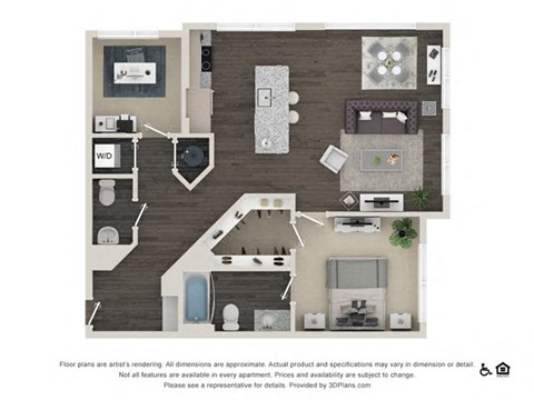 Floor plan for 1 bed, 1 bath, 998 sqft